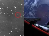 Combo de imágenes con el Tesla Roadster enviado al espacio por SpaceX y la propia imagen del vehículo.