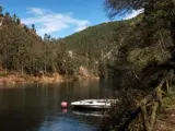 Vista general del lugar en donde se localizó el cadáver de la gijonesa María Paz Fernández Borrego, de 43 años, flotando en una zona de difícil acceso en una orilla del embalse, en las proximidades de un cámping.