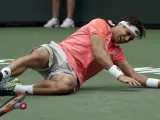 David Ferrer cae al suelo en una jugada con el argentino Juan Martin Del Potro.