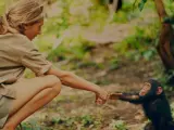 Jane Goodall con un joven chimpancé en la selva de Gombre, Tanzania.