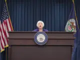 La presidenta de la Reserva Federal (Fed), Janet Yellen, en una rueda de prensa