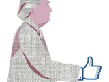 Una silueta de Donald Trump saluda con el dedo hacia arriba de Facebook.