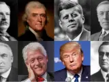 De izquierda a derecha, y de arriba a abajo, Grover Cleveland, Thomas Jefferson, John F. Kennedy, Woodrow Wilson, Warren Harding, Bill Clinton, Donald Trump y Franklin D. Roosevelt.
