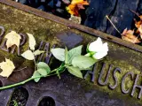 Rosas blancas depositadas en el Gleis 17, monumento conmemorativo del andén desde donde fueron conducidos miles judíos durante el Holocausto.