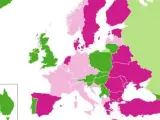 Mapa de Europa que refleja qué países lleva canciones tristes o alegres a Eurovisión.