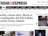 Noticia del Sunday Express acerca del riesgo de una erupción volcánica en Tenerife.