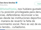 Captura de pantalla del tuit en el que Clara Serra, diputada de Podemos en la Asamblea de Madrid, critica las declaraciones de Rafa Nadal.