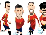 Caricatura de Piqué, Busquets, Koke, Ramos y Costa, jugadores de la selección española en el Mundial de Rusia.