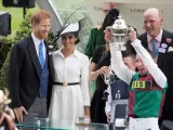 El príncipe Enrique de Inglaterra y su mujer Meghan posan junto a uno de los ganadores del día.