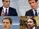 De izquierda a derecha y de arriba a abajo, Pedro Sánchez, Pablo Casado, Albert Rivera y Pablo Iglesias.