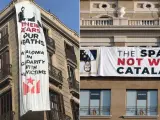Imagen que muestra las dos pancartas que se han colocado en contra del rey Felipe VI en Barcelona.