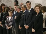 La reina Sofía, el presidente del Gobierno, Pedro Sánchez y el presidente de la Generalitat, Quim Torra (3d), entre otros, durante la ceremonia fúnebre por la muerte de la soprano Montserrat Caballé.