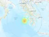 Mapa del Servicio Geológico de Estados Unidos, con el picentro del terremoto registrado en Grecia, al suroeste de la isla griega de Zante.