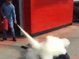 Diego Costa usa un extintor para gastarle una broma a Lucas Hernández.
