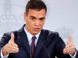 El presidente del Gobierno, Pedro Sánchez, durante su comparecencia, en el Palacio de la Moncloa, en la que ha anunciado la convocatoria de elecciones generales para el próximo 28 de abril.