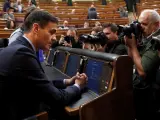 Pedro Sánchez a su llegada al debate de Presupuestos en el pleno del Congreso
