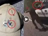 A la izquierda, la gorra del agente con las marcas de los disparos del sospechoso. A la derecha, momento en el que recibe el disparo.