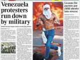 El periódico británico da la posición y foto principal de su primera plana a la situación en Venezuela y titula que con el verbo "atropellados", relacionando el transcurso de los acontecimientos con la imagen de ayer de una tanqueta embistiendo contra los manifestantes.