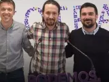 Iñigo Errejón, Pablo Iglesias y Ramón Espinar en la sede de Podemos.