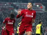 El neerlandés Virgil van Dijk celebra un gol con el Liverpool FC