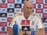 El entrenador del Real Madrid, Zinedine Zidane, en la rueda de prensa que ha hablado sobre la posible salida del portero Keylor Navas.