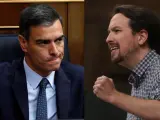 Pedro Sánchez y Pablo Iglesias en distintos momentos del debate y la votación de investidura.
