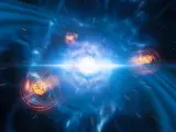 Representación artística de estroncio surgiendo de una fusión de estrellas de neutrones.