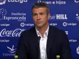 El entrenador del Girona, José Luis Martí, durante la rueda de prensa en el campo del Extremadura