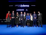 De izq. a dcha.: la ministra de Industria, Reyes Maroto; el presidente de Mapfre, Antonio Huertas; la directora de Ejecución de Proyectos de Talgo, Elena Moral;el presidente de Henneo, Fernando de Yarza; el fundador y presidente de Room Mates Hotels, Kike Sarasola; la ministra de Defensa, Margarita Robles; la presidenta de La Información, Marisa Navas; el consejero de Economía de la CAM, Manuel Giménez; y el director de La Información, Daniel Toledo.