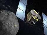 Recreación digital de la sonda japonesa Hayabusa2 y el asteroide Ryugu .