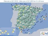 Mapa con la previsi&oacute;n meteorol&oacute;gica facilitado por la Aemet, v&aacute;lido para el 22 de noviembre de 12 a 24 horas.