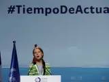 La activista sueca Greta Thunberg durante su intervención el plenario de la Cumbre del Clima de Madrid.