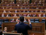 El presidente del Gobierno en funciones, Pedro Sánchez, durante su intervención desde su escaño en el turno de réplica al Grupo Mixto del Congreso, en la segunda sesión del debate de investidura a 5 de enero de 2020.
