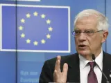 Josep Borrell en la rueda de prensa tras la reunión extraordinaria del Consejo de Ministros de Asuntos Exteriores de la UE sobre la escalada de tensión en Oriente Medio.