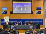 Los miembros de Vox en la rueda de prensa en el Parlamento Europeo.