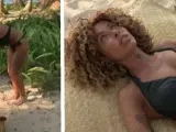 Yiya, vomitando y tumbada a descansar en la isla de 'Supervivientes'.
