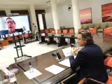 El presidente del Parlamento de Canarias y de la Calre, Gustavo Matos, en una reunión telemática con el eurodiputado canario del PP, Gabriel Mato