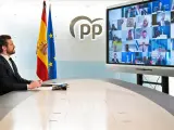 El presidente del PP, Pablo Casado, durante una reunión por videoconferencia con los líderes del Partido Popular Europeo sobre la crisis del coronavirus.