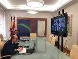 El consejero de Cultura, Javier Ortega, durante la reunión telemática sobre la gestión turística de Las Médulas.