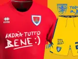 Imagen del grafismo de la camiseta y del pantalón que llevarán los jugadores del Numancia con la frase 'Todo saldrán bien'