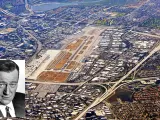 Imagen aérea del aeropuerto John Wayne, con una imagen del actor insertada.