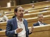 El vicepresidente segundo del Gobierno, Pablo Iglesias, en una sesión de control al Gobierno en el Senado.