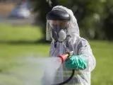 Un trabajador durante las labores de fumigación contra los mosquitos causantes del virus del Nilo en Coria