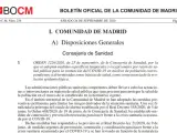 Imagen de la publicación en el Boletín Oficial de la Comunidad de Madrid con las nuevas restricciones.