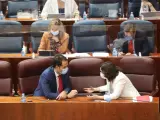 La presidenta de la Comunidad de Madrid, Isabel Díaz Ayuso, habla con el vicepresidente de la Comunidad, Ignacio Aguado, durante una sesión plenaria en la Asamblea de Madrid