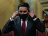 El líder de Vox, Santiago Abascal durante la moción de censura de su partido al gobierno de coalición en el Congreso de los Diputados este miércoles.