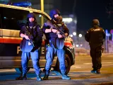 Agentes de fuerzas especiales vigilan las calles de Viena. Las autoridades austriacas afirman que en el atentado han participado varios sujetos.