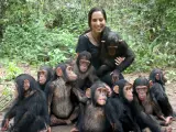 La directora del instituto Jane Goodall en República del Congo, Rebeca Atencia, junto a los chimpancés del Centro de Rehabilitación de Tchimpounga.