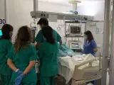 Personal sanitario junto a un paciente en la UCI del Hospital Regional de Málaga.