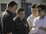 Channing Tatum, Jonah Hill, Phil Lord y Chris Miller en el rodaje de 'Infiltrados en la universidad'